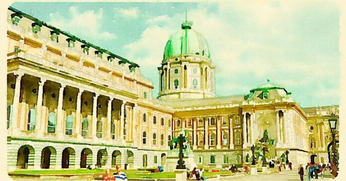 Watercolor,Illustration,Budapest,National,Szã©chã©nyi,Library,View Országos Széchényi Könyvtár