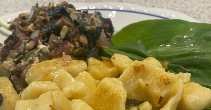 Tányéron gnocchi és gombás-zöldséges köret zöld levéllel