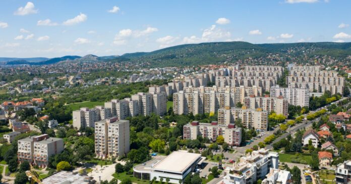 Concrete block of flats, aerial view in Gazdagret in Budapest, Hungary. budapesti albérlet egyetemistáknak