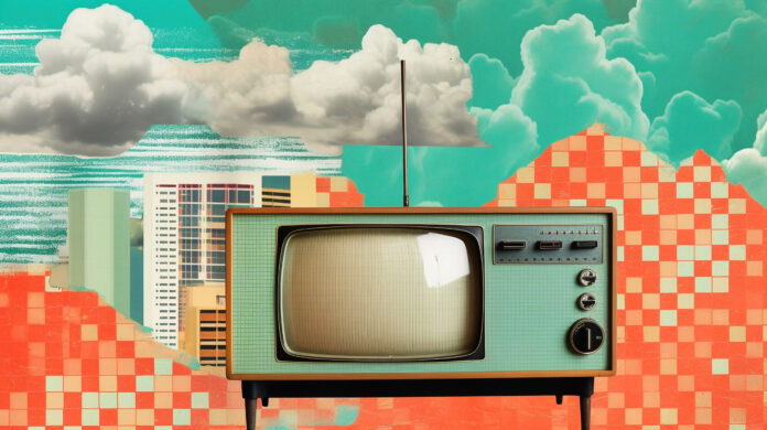 Digitális kollázs az 1960-as évekből régi TV-vel zöld égen, szürreális háttérben felhőkkel.