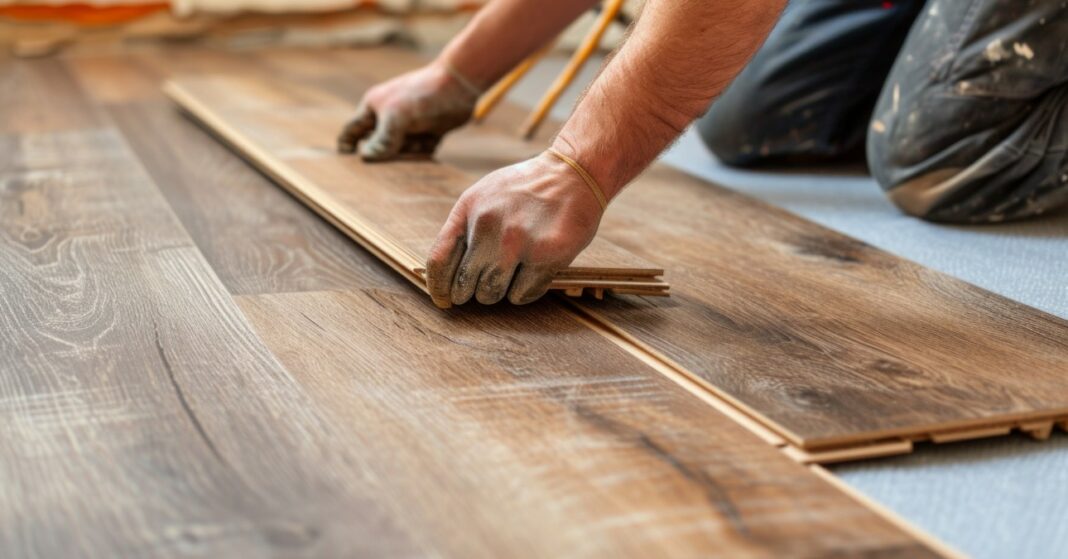 Fiatal szakmunkás laminált padlót illeszt össze