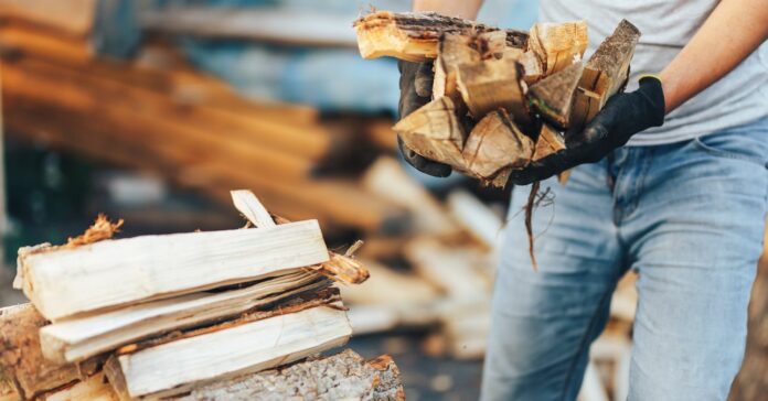 Egy halom konyhakész tűzifa a háttérben, az előtérben egy férfi tűzifát pakol kesztyűben