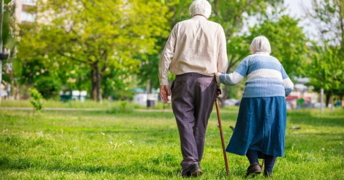 idős pár egymásba kapaszkodva sétál a parkban, Idősek otthona soron kívüli elhelyezés