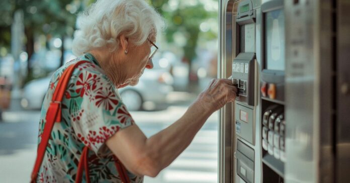 Egy idős hölgy a bankautomata előtt áll.