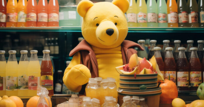 micimackó italos, mézes polc előtt ül