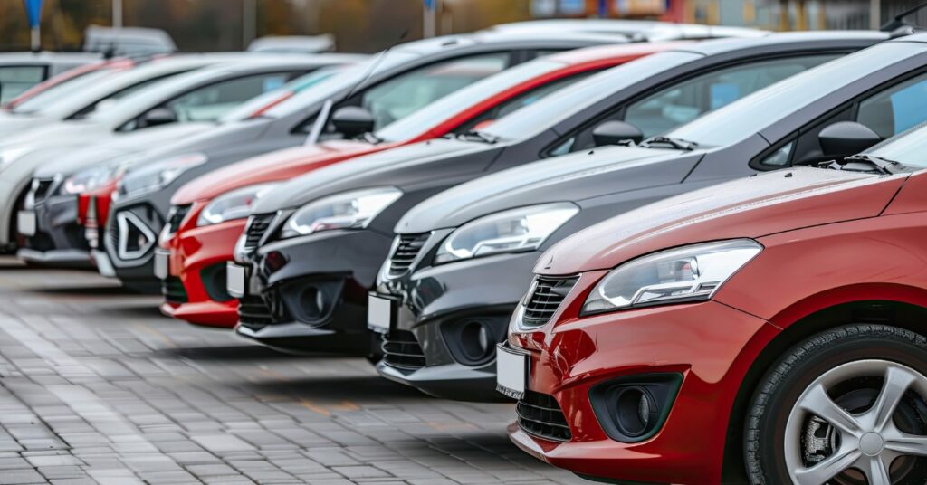 használt autó kereskedésben parkoló autók