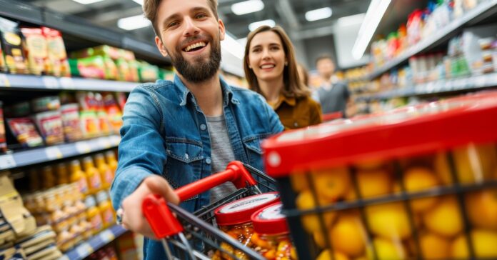 szuper-akciok férfi és nő bevásárlókocsit tol örömmel az üzletben