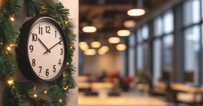 üres irodában óra a falon fenyő koszorúval körülvéve