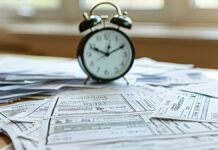 óra áll egy asztalon papírhalom közepén