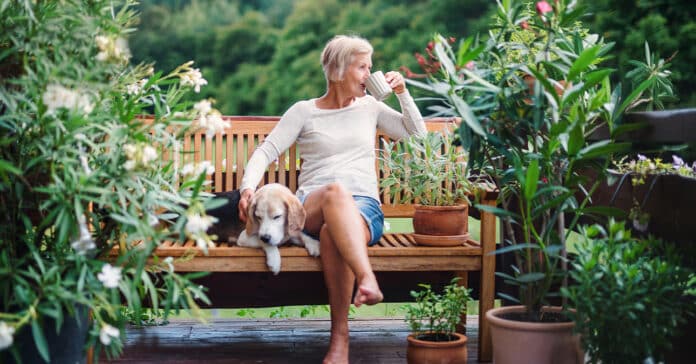 nyugdíjas nő kutyájával ül egy padon