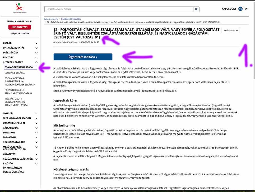 családi pótlék utalás számlaszám átírása 1. lépés