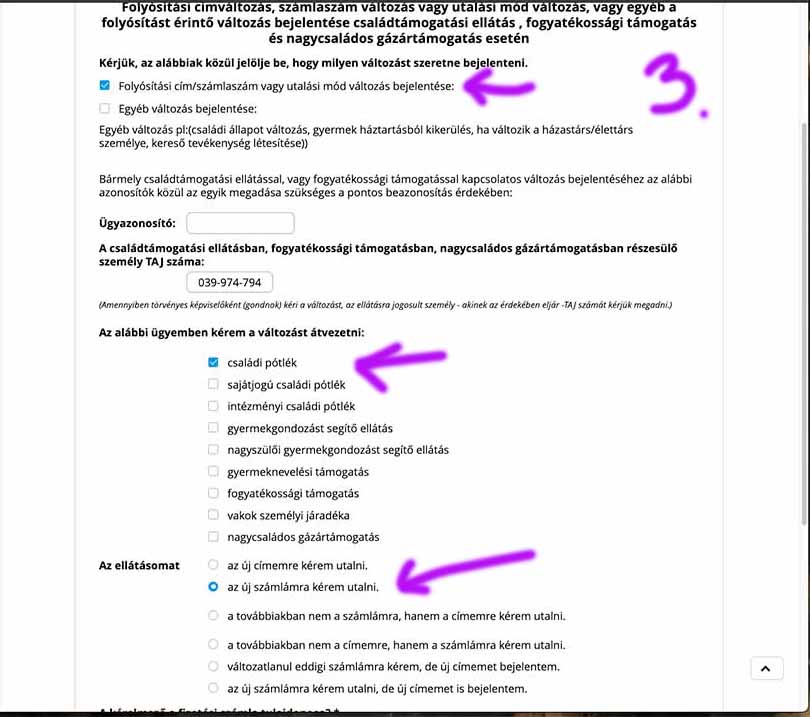 családi pótlék utalás számlaszám átírása 3. lépés