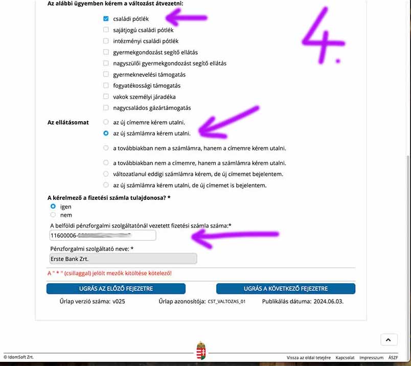 családi pótlék utalás számlaszám átírása 4. lépés