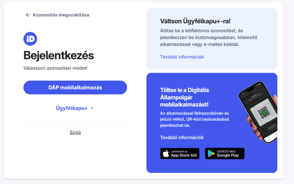 belejelentkezés az Ügyfélkapu+ba vagy a DÁP alkalmazásba, kezdőlap
