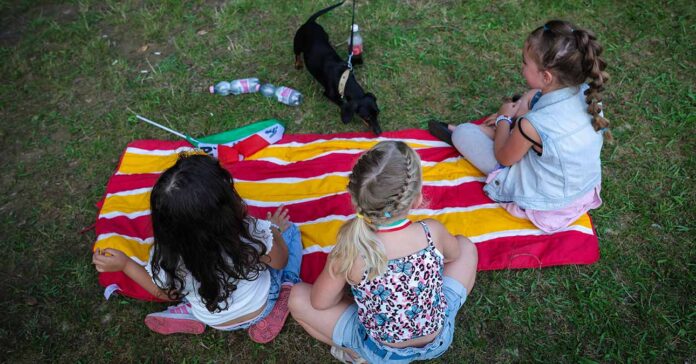 gyerekek ülnek a fűben egy színes takarón
