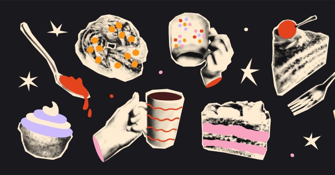 Trendy halftone collage elements set. Cutout hands holding cups and mugs of hot coffee or tea, sweets with vintage dotted texture and doodles. Modern retro vector illustration for mixed media design