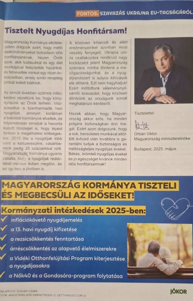 A Jókor c. nyugdíjasokat célzó kormányzati propagandalap egyik oldala Orbán Viktor levelével