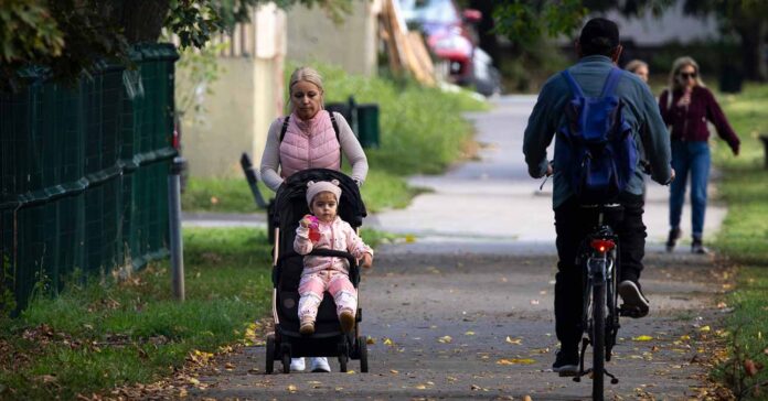 anyuka gyermekét tolja babakocsiban ősszel