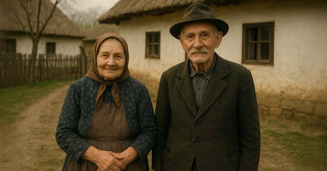 Bácsi és néni a faluból a házuk udvarán