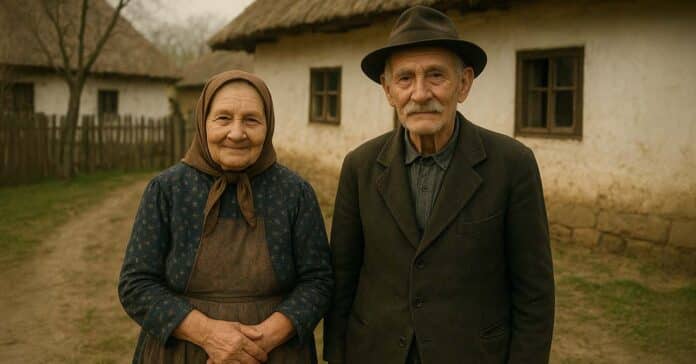 Bácsi és néni a faluból a házuk udvarán