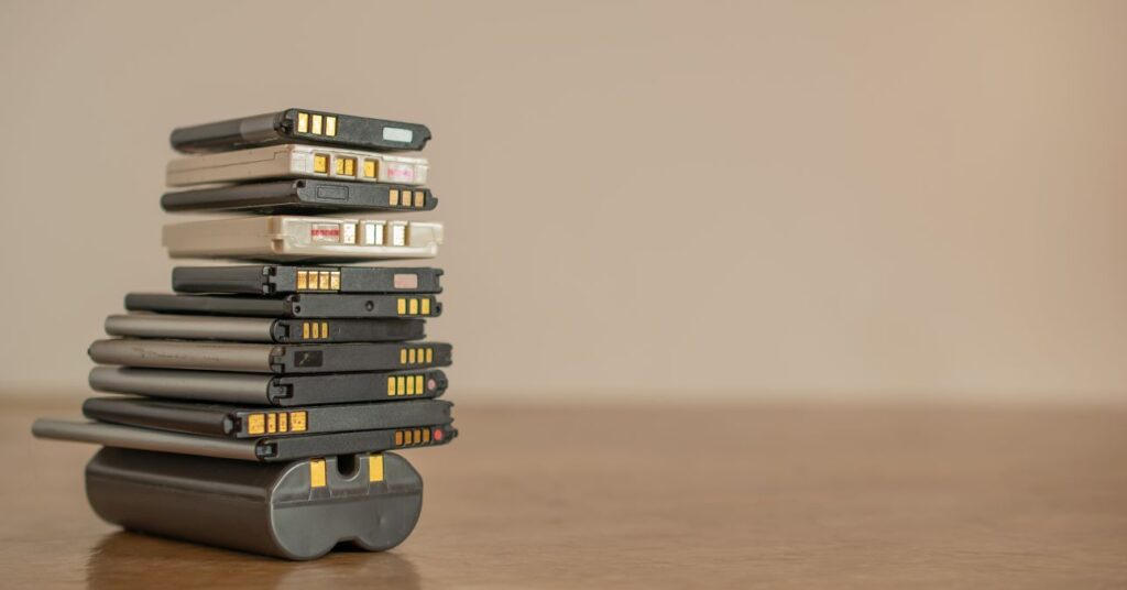 különböző mobiltelefon akkumulátorok egymásra stócolva egy fa asztallapon