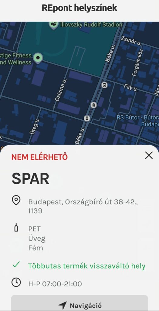 képernyőkép a REpont alkalmazásból egy Spar adataival