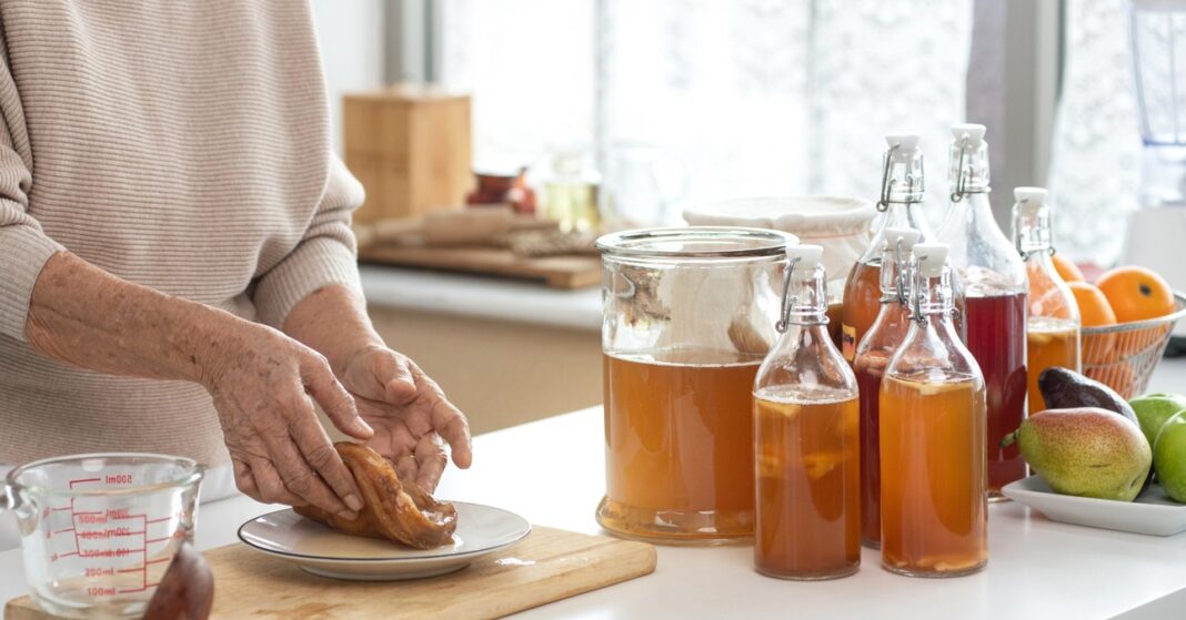 egy konyhapulton kombuchák sorakoznak, egy kéz scobyt fog