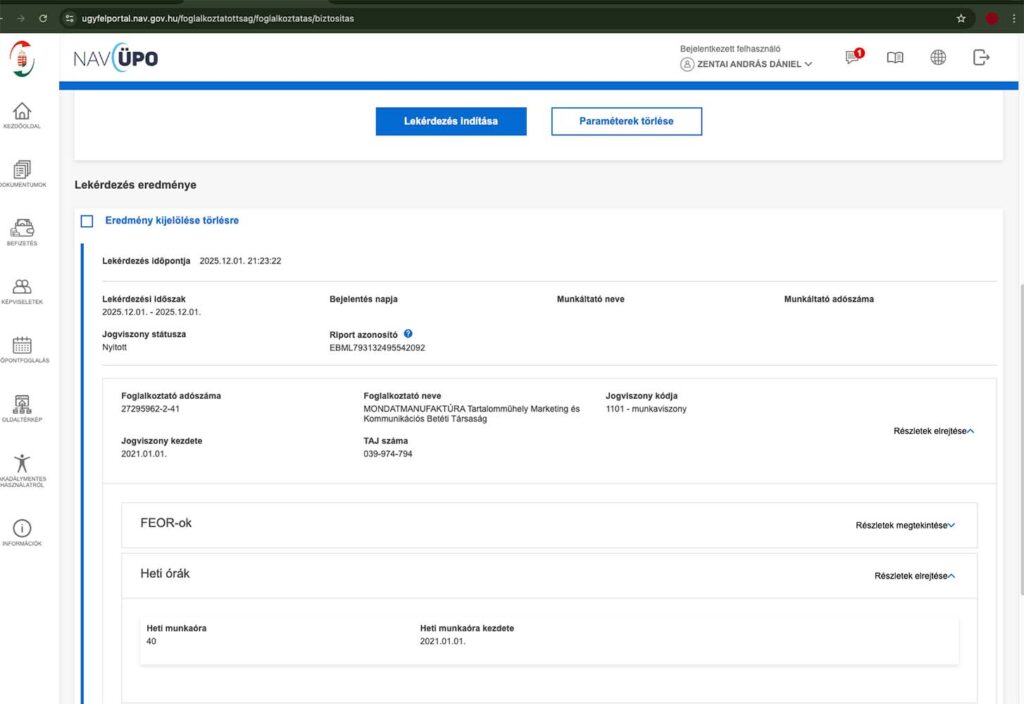 NAV: biztosítási jogviszony lekérdezése taj szám alapján
