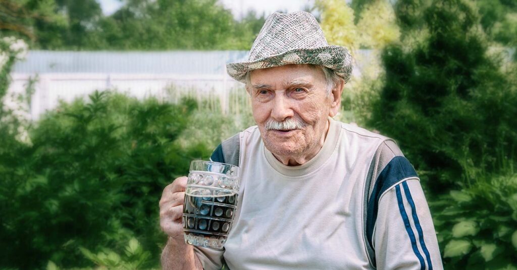 Időskori alkoholfogyasztás: öreg férfi barnasört iszik a kertben