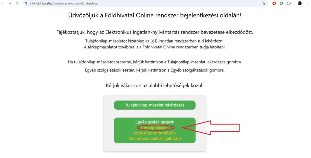 A Földhivatal Online rendszerébe történő belépés első lépése.