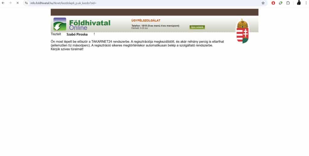 A Földhivatal Online rendszerébe történő belépés második lépése.