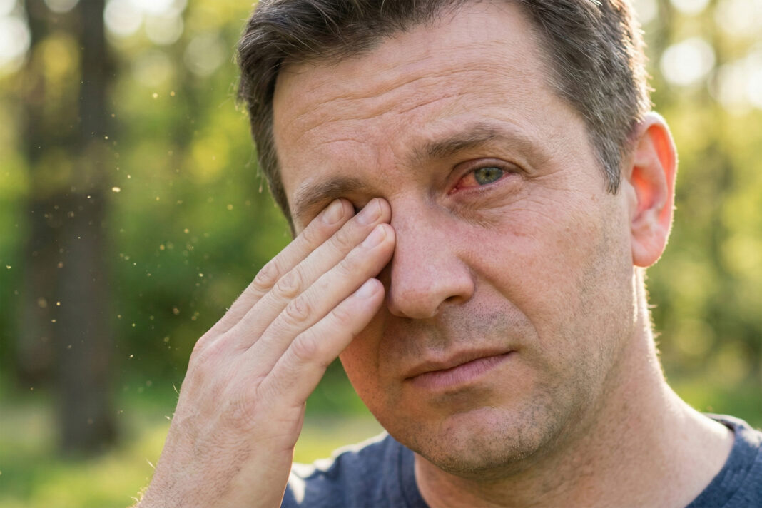 egy középkorú férfi piros, gyulladt, viszkető szemét vakarja