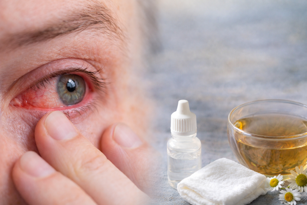 egy vörös szem, mellette gyógymódok rá: szemcsepp, kamillatea, vattapamacs