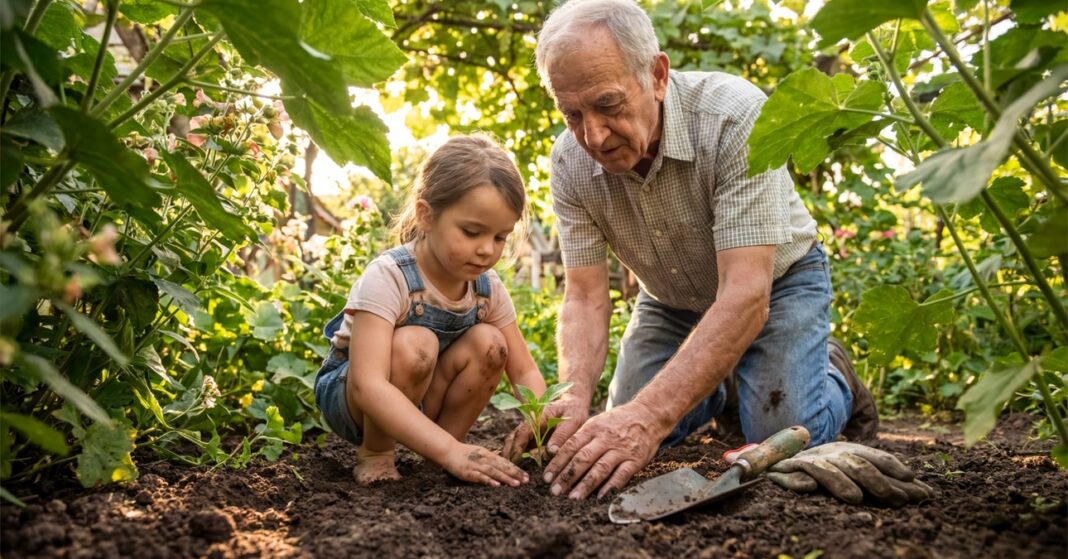 egy kislány a nagypapájával palántát ültet egy szép zöld kertben
