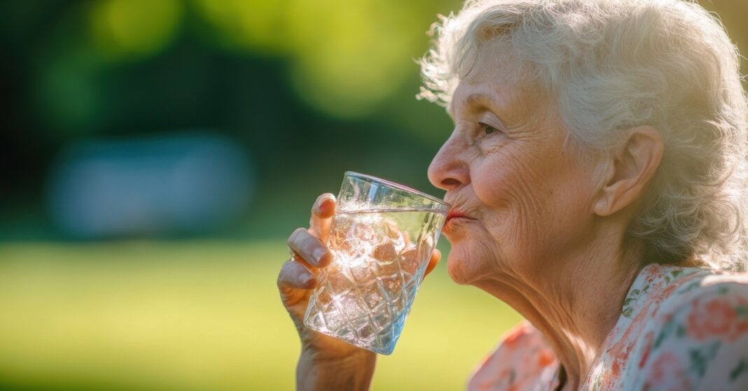 Egy kedves, idős, ősz hajú néni vizet iszik üveg pohárból a napfényben, háttérben zöld természet látható