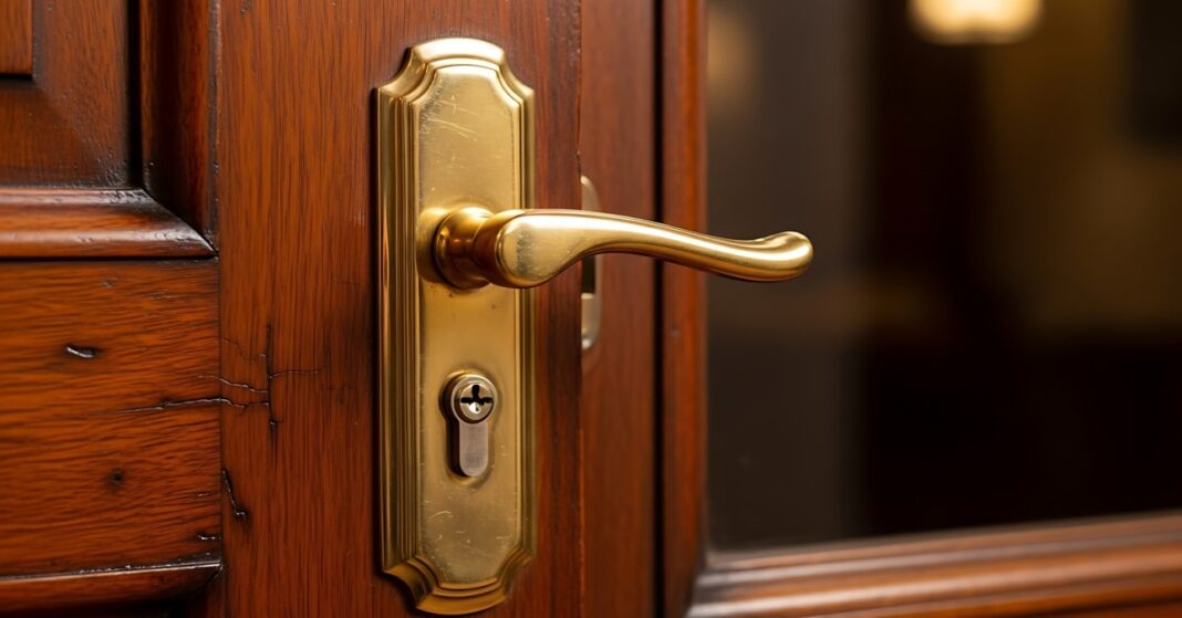 egy fa ajtón egy rézkilincs
