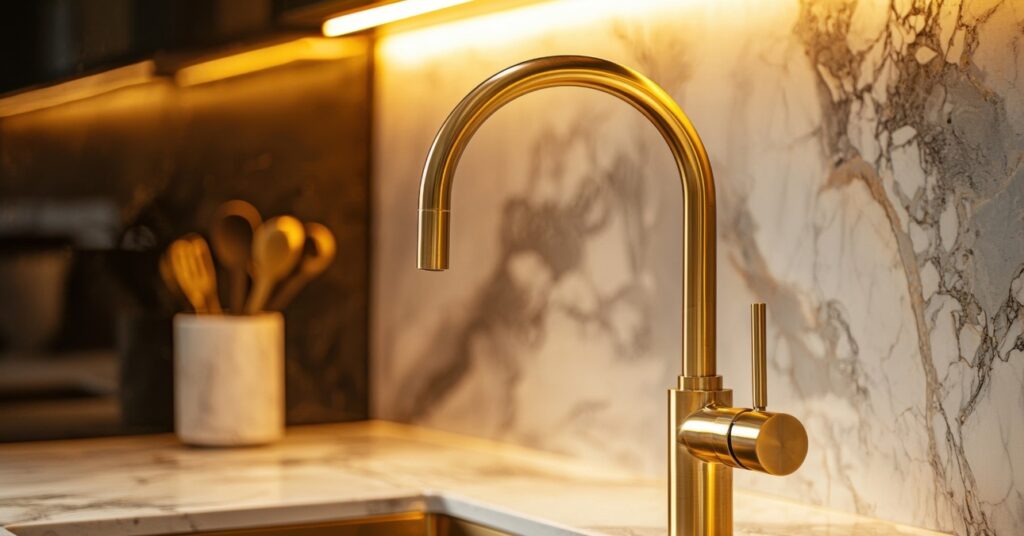 egy rézcsaptelep egy szép, modern konyhában a mosogató felett
