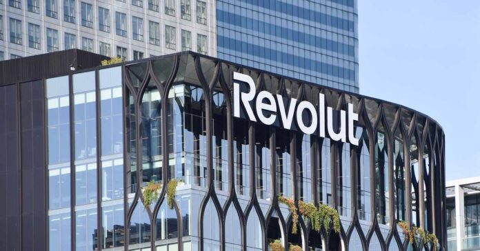 General view of the sign at Revolut headquarters in Canary Wharf, on August 8 2025 in London, UK