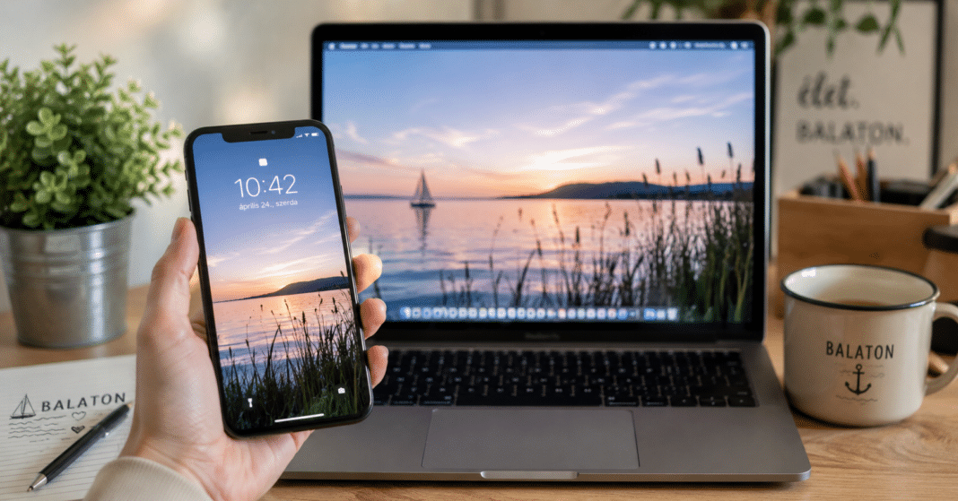 egy mobil és egy laptop balatoni háttérképekkel