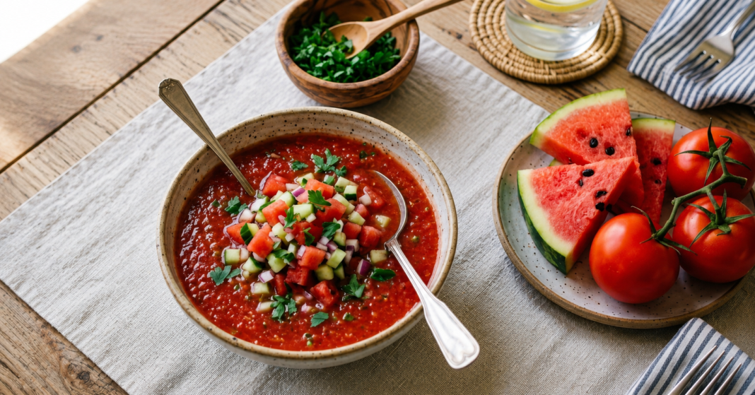 Egy gazpacho szépen kitálalva, mellette görögdinnye és paradicsom