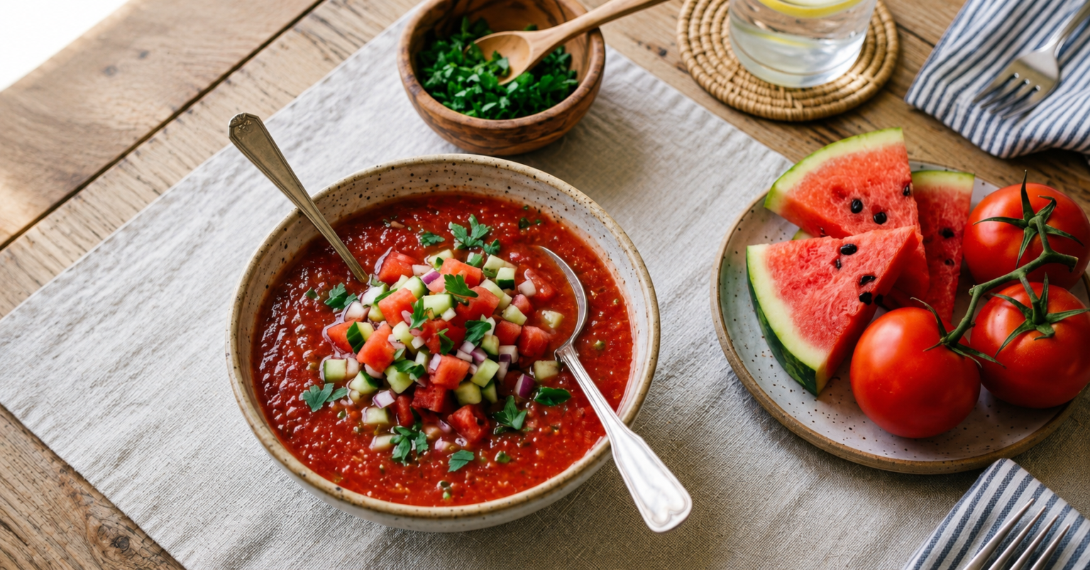Egy gazpacho szépen kitálalva, mellette görögdinnye és paradicsom