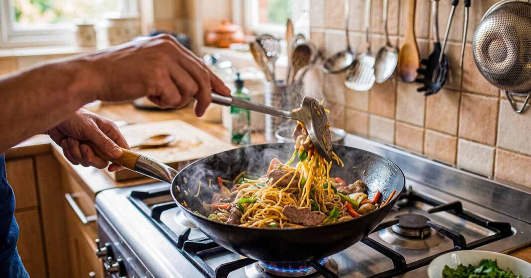 Főzés wok serpenyőben