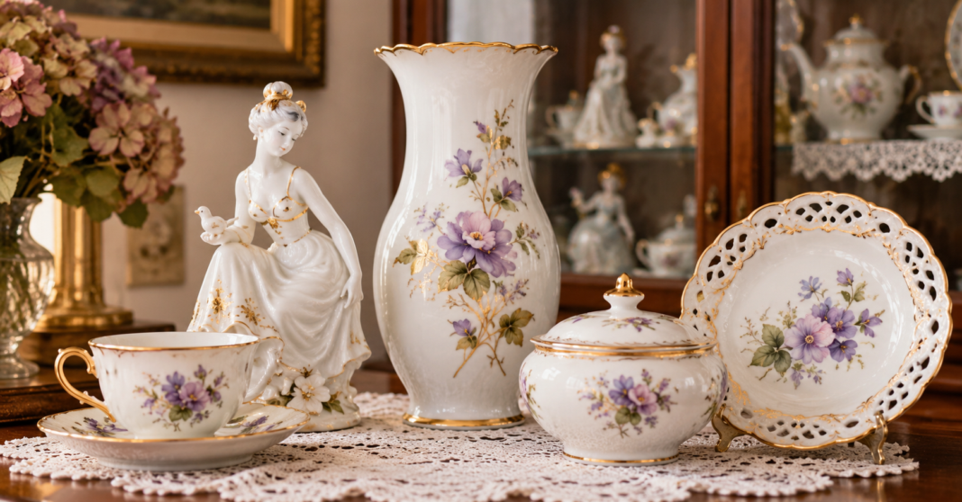 Virágmintás porcelánkészlet egy vitrin előtti csipketerítős asztalra kipakolva