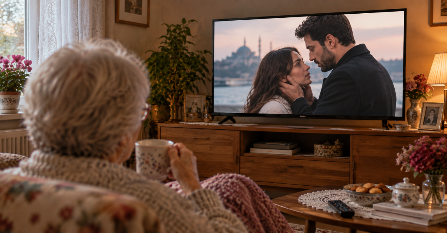 egy őszhajú néni egy fotelből a tévében menő török sorozatot néz
